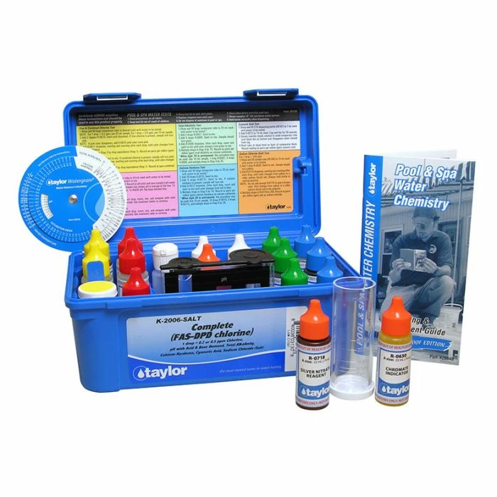 Taylor 2000 Service Complete Salt Water Test Kit, Alkalinity/Chlorine (high Range), FAS-DPD/CYA/Hardness/NaCl/pH 3 Taylor 2000 Service Complete Salt Water Test Kit, Alkalinity/Chlorine (high Range), FAS-DPD/CYA/Hardness/NaCl/pH